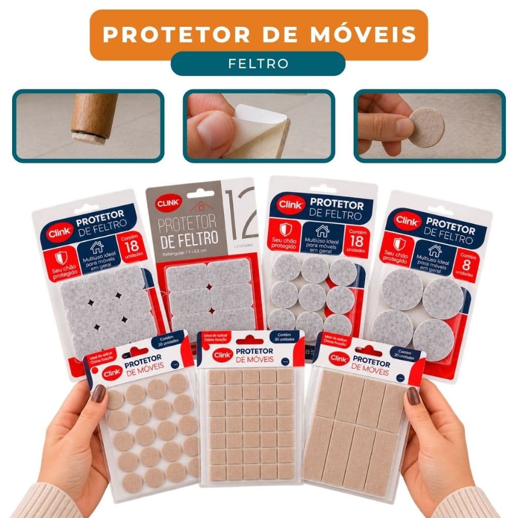 Kit Protetor Móveis Adesivo Feltro Redondo Quadrado Pé Mesa Cadeira Sofá Armário Anti Ruído