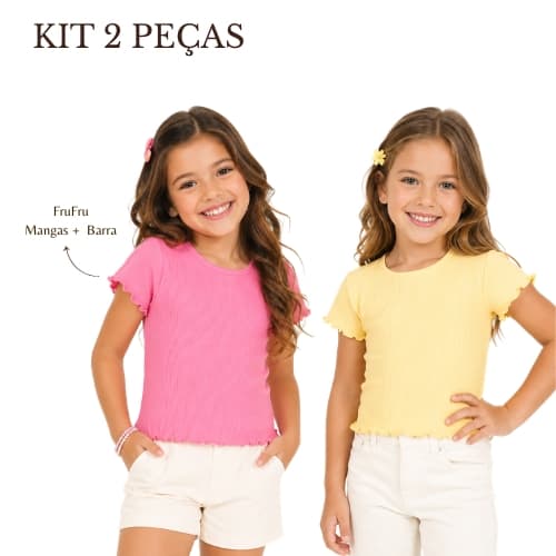Kit 2 Peças Baby Look Infantil Menina Blusa Camiseta Manga Curta FruFru Babado Verão Básica