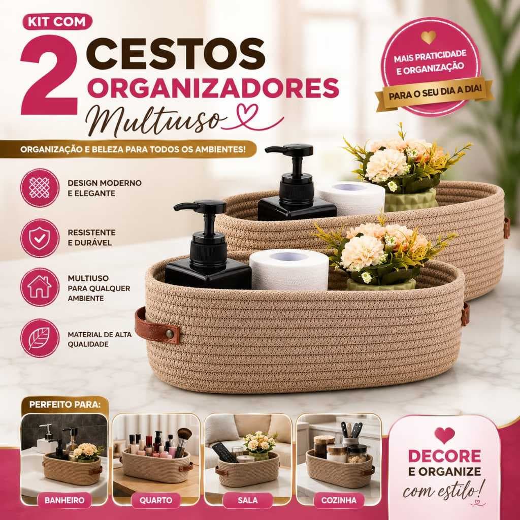 Kit Com 2 Cesto Organizador  Ambientes Multiuso Com Corda Algodão Detalhe Couro Cesto Organizador