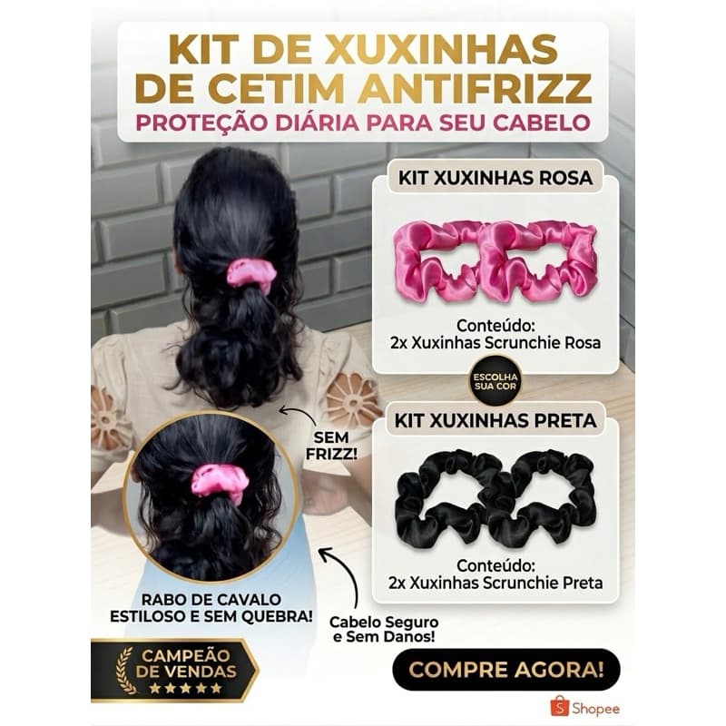 kit 10 Xuxinhas de Cetim Rosa e Preta | Scrunchie para Cabelo | Elástico Macio que Não Quebra os Fios