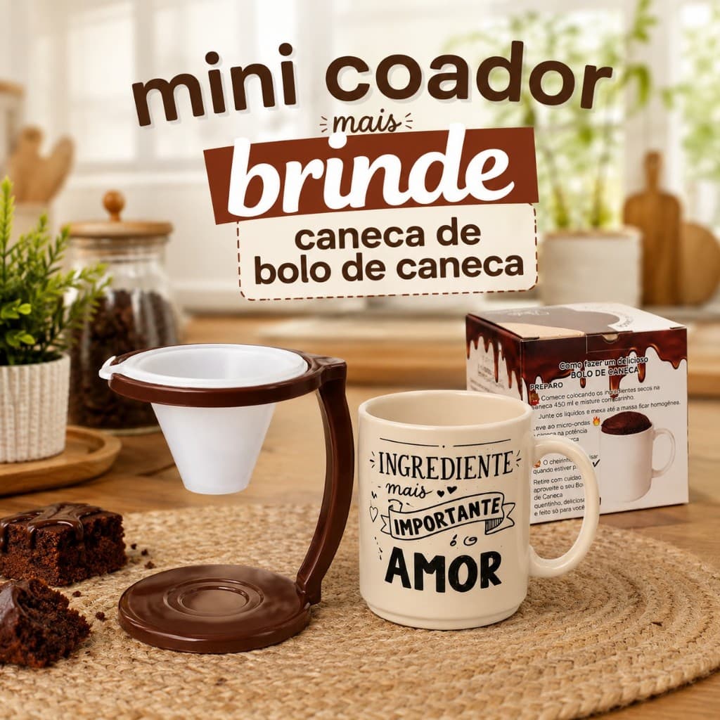 Mini Coador Café Plástico com Caneca Receita Bolo 450ml Elegante Chá Tarde