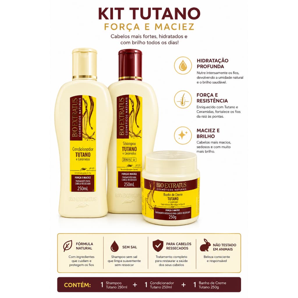 Kit Bio Extratus Tutano Shampoo 250ml + Condicionador 250ml + Banho de Creme 250g Cabelos Ressecados
