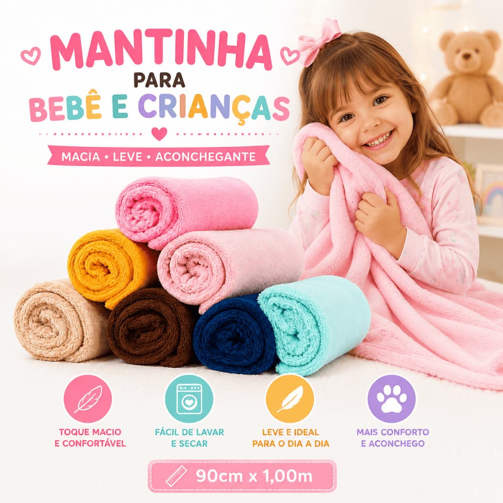 Manta Bebê Mantinha Infantil Microfibra Macia Menino Menina 90x100 Leve Fofinha Quentinha