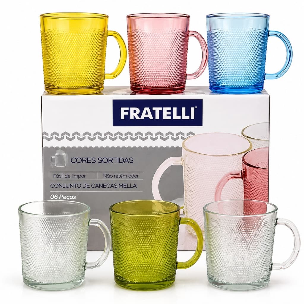 Jogo 6 Xícaras Canecas De Vidro Colorido 200ml Para Café Chá Bebidas Mesa Posta Texturizada