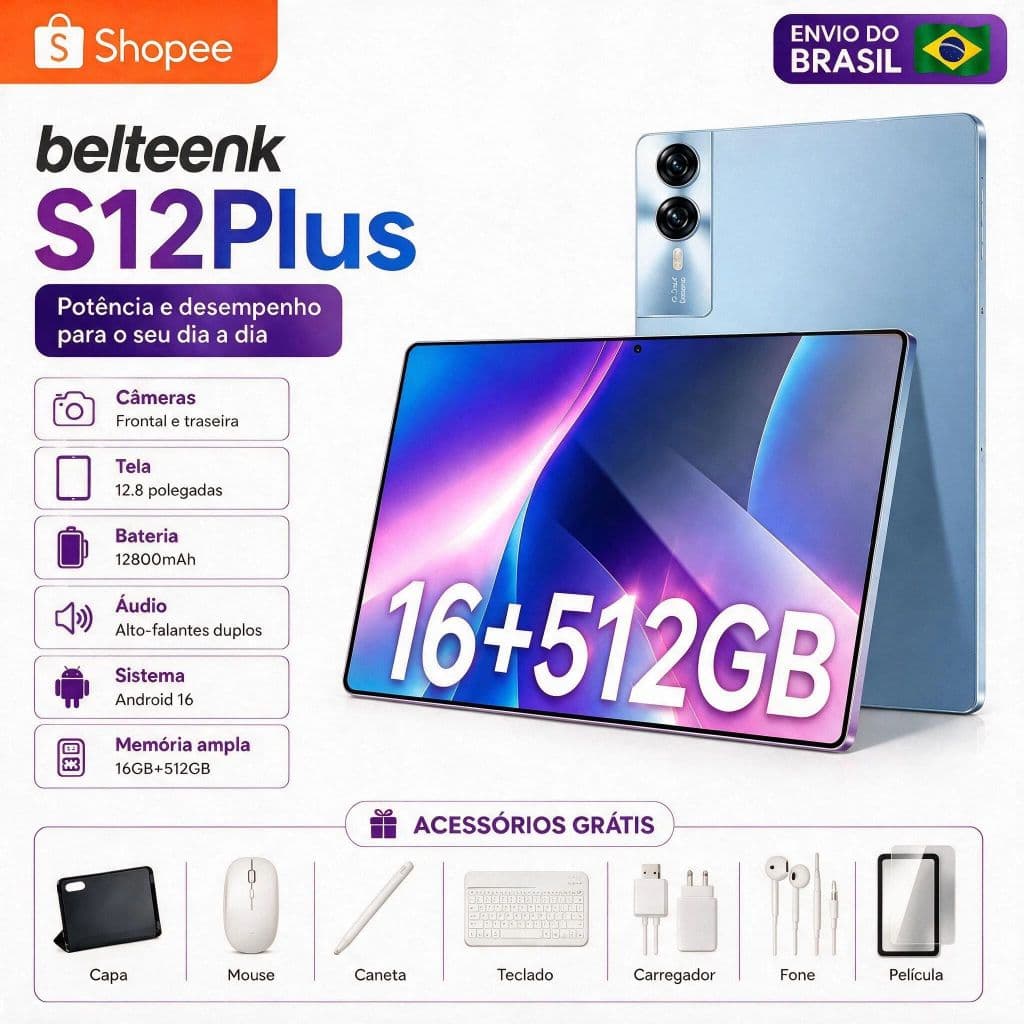 belteenk Tablet S12Plus Combo com Teclado e Mouse 12.8"inch 16GB+512GB Android 16 com12800mAh Ideal para Estudos e Jogos