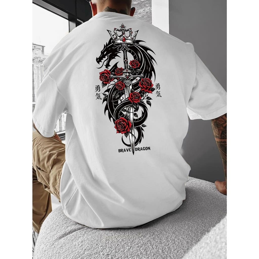 Camiseta Estilo Escuro Rosa Vermelha e Combinação de Impressão de Espada de Dragão, Top Individual de Estilo Trendy