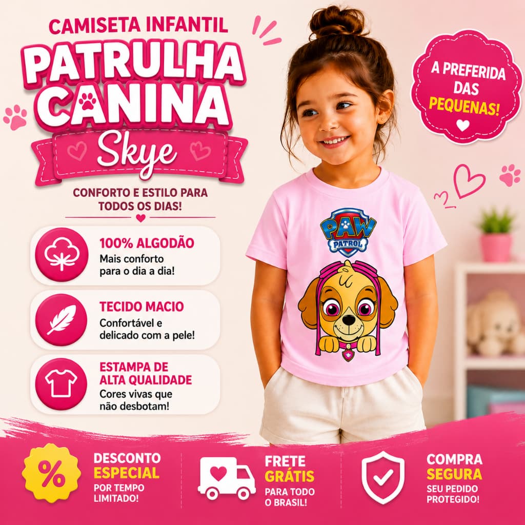 Camiseta Infantil Patrulha Canina Skye Menina 100% Algodão | Camisa Infantil Menina | Blusa Infantil | Roupa Infantil