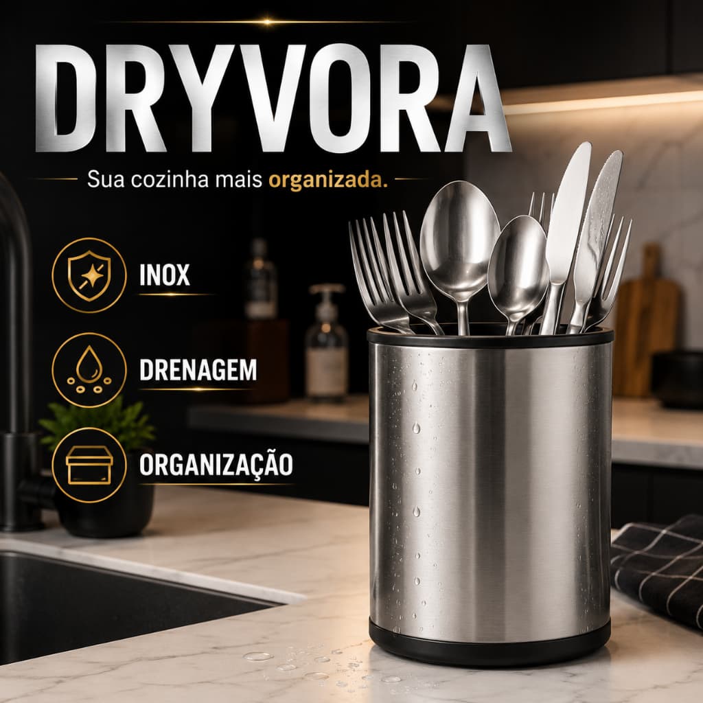 Porta Talheres DRYVORA Inox com Dreno Organizador Cozinha