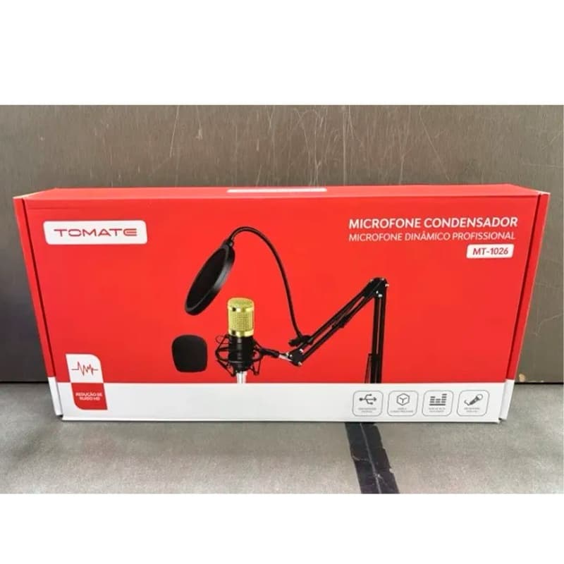 Microfone Condensador Tomate MT-1026 Kit Completo Braço Articulado Pop Filter PC Podcast Live