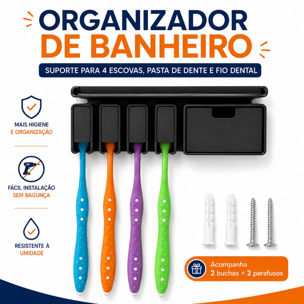 Organizador de Banheiro Porta 4 Escovas de Dente Suporte Pasta Fio Dental Parede com Parafusos Porta Escova de Dente