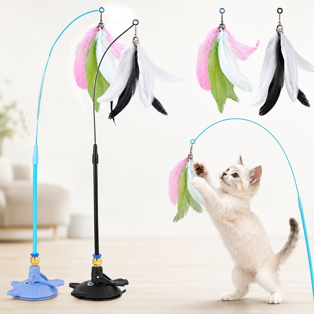 kit 2 Brinquedo Interativo Varinha Pena Com Ventosa Que Fixa No Chão Para Gatos Estímulo Caça