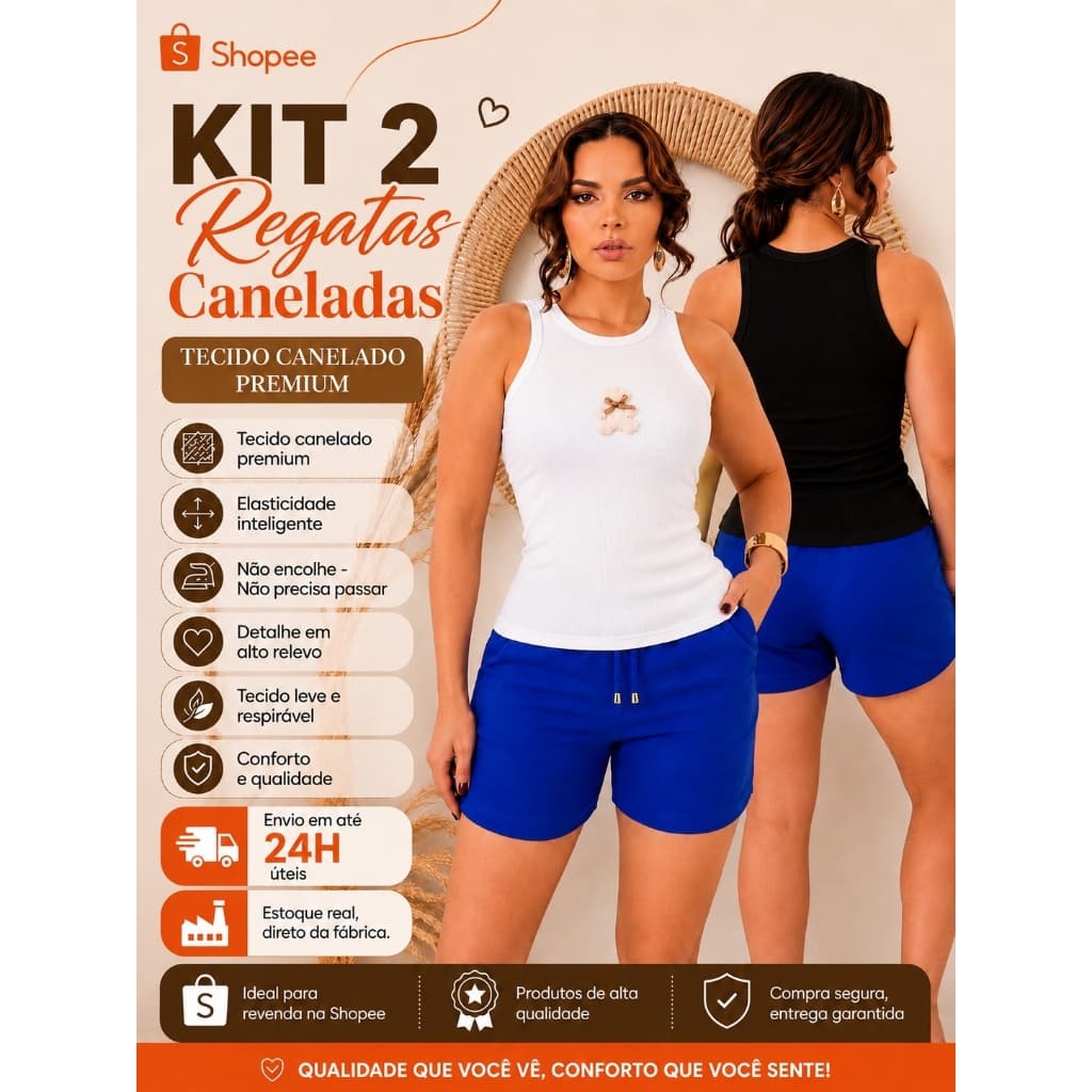KIT 2 Regatas Femininas Caneladas Premium - Básicas Gola Redonda - Regata Feminina Canelada Casual
