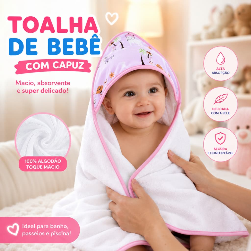 Toalha de Banho para Bebê com Capuz Felpuda Macia Infantil Recém-Nascido 70x70cm