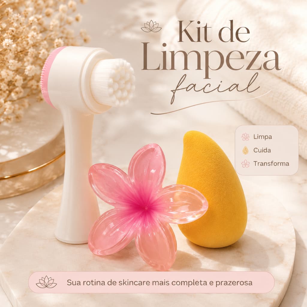 Kit de Limpeza Facial 3 Itens Escova Facial + Esponja de Maquiagem + Presilha Flor