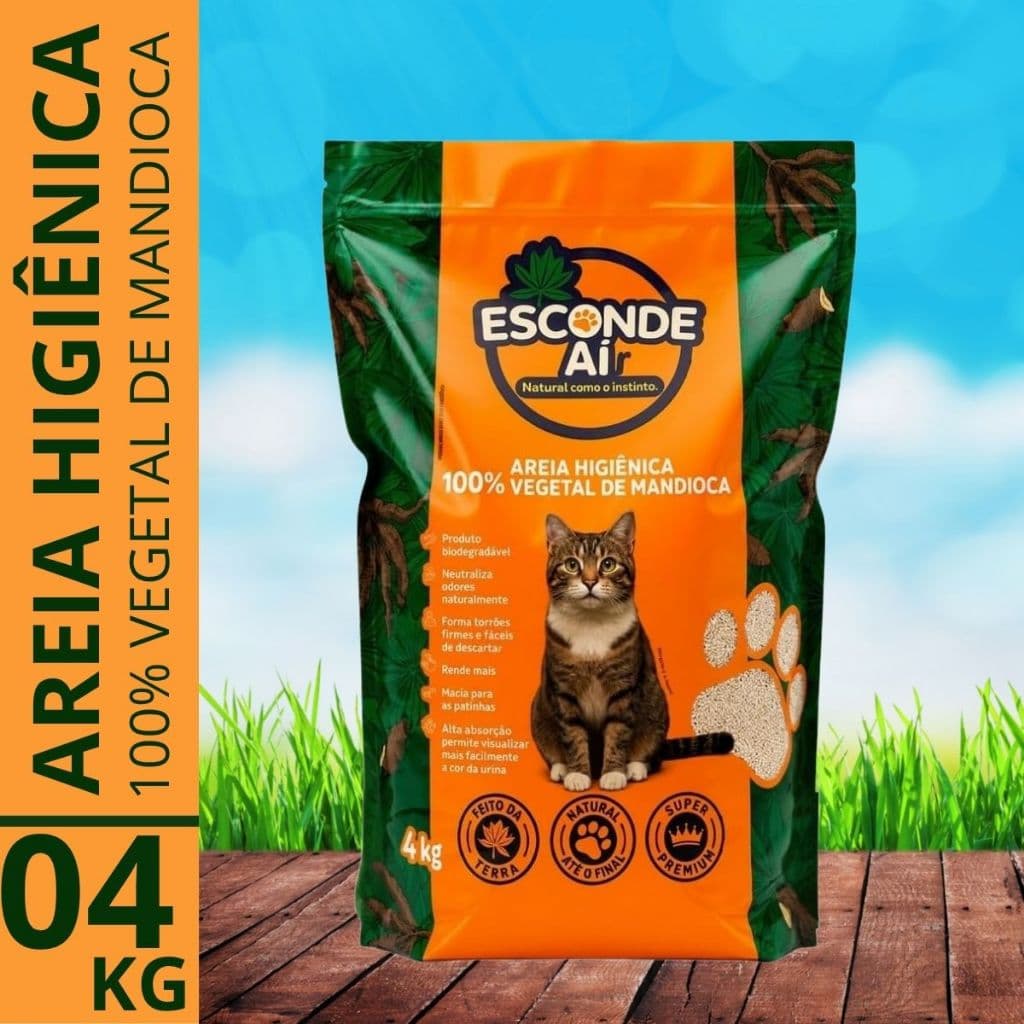 Areia Higiênica de Mandioca Biodegradável Esconde Aí 4KG Granulado Sanitário de Gato Natural