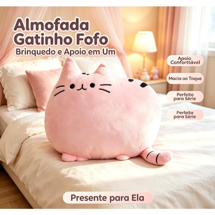 Almofada Pelúcia Gato Fofo, Almofada Apoio para Costas, Decoração para Sala Quarto, Presente Criativo