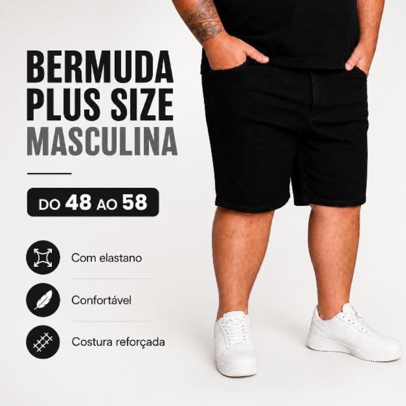 Bermuda Short Jeans Preto Plus Size Masculino 48/50/52/54/58 Com Elastano Lycra Confortável Premium Preta GG Básica