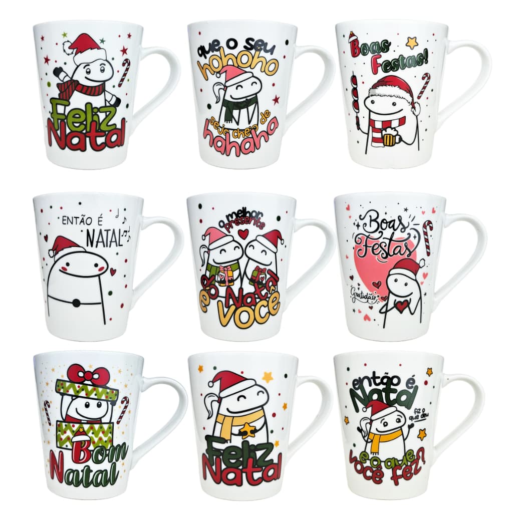 Canecas de porcelana brancas, cônicas, decoradas, 290 ml, xícara, café, chá, Col4-Natal