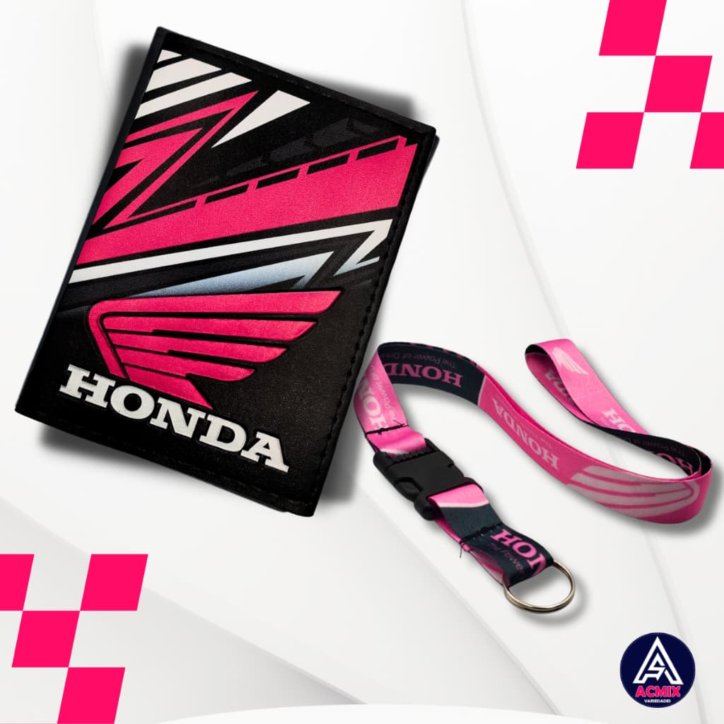 Carteira Porta Documentos Moto Honda Pink / Branco + Cordão Pescoço Engate Rápido Honda Pink