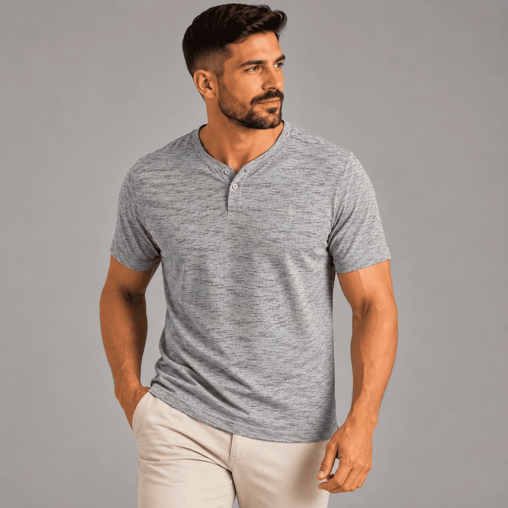 Camiseta Masculina Gola Portuguesa Malha Jet Cinza Alumínio Casual