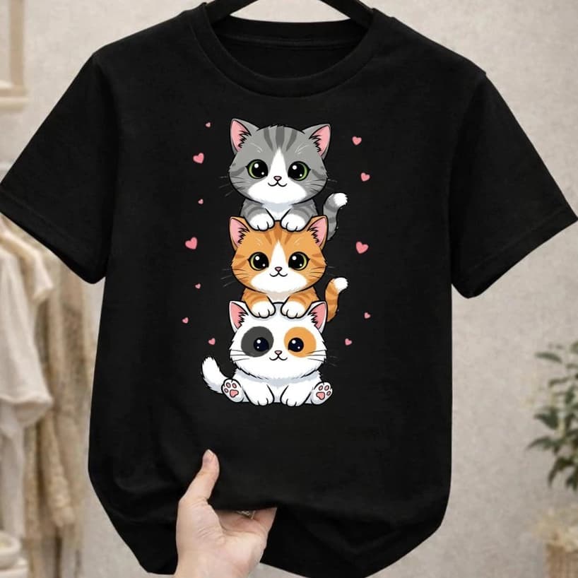 Camiseta Estampa Super Fofa Com Tres Gatinhos Empilhados