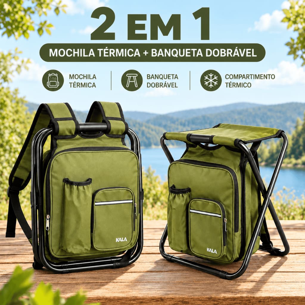 Mochila Banco Kala Semi Térmica Com Dobrável Esportes Pesca Praia Camping Trilha