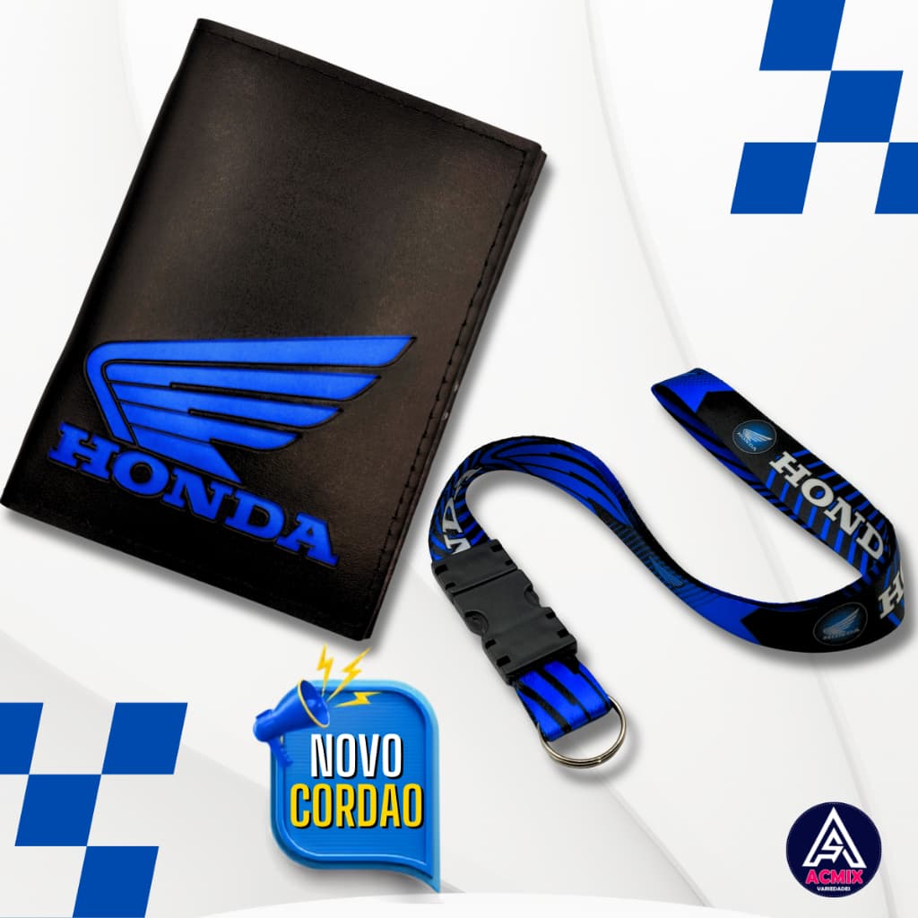 Carteira Porta Documentos Moto Honda Logo Azul + Cordão Pescoço Engate Rápido Honda Azul e Preto