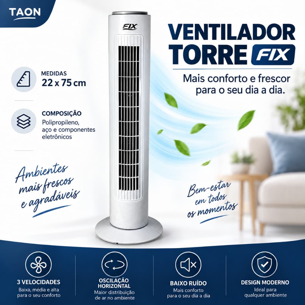 Ventilador Torre Circulador de Ar 73cm 40W 3 Velocidades 127V ou 220V Branco