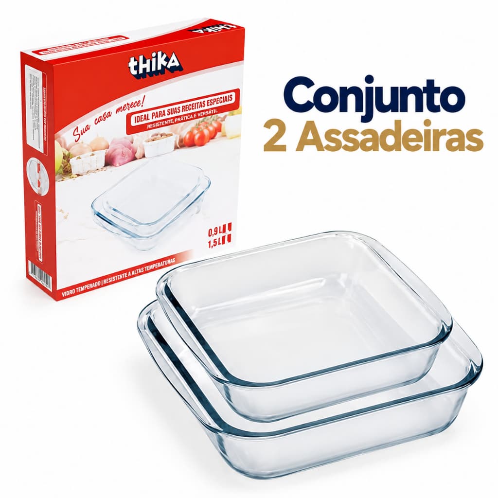Kit 2 Assadeiras Retangular de Vidro Refratário 1,8L e 0,9L Forno e Micro-ondas, Conjunto Assadeira