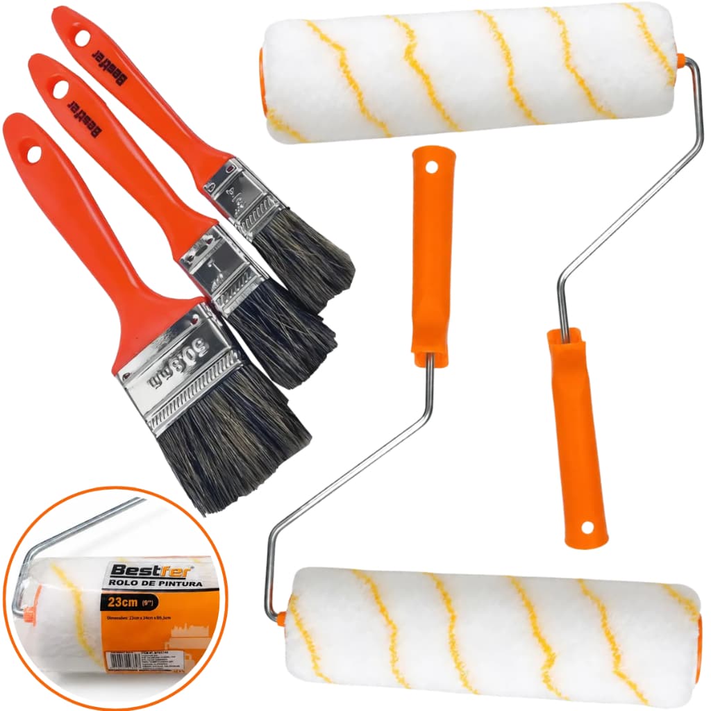 Kit 3 Pincel Trincha + 2 Rolo Pintura Completo com Garfo Pintura de Parede Latex Verniz Pintar Parede Portão