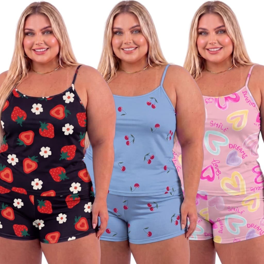 Kit 3 Conjuntos Plus Size Baby Doll Short Doll Estampado Sem Bojo Pijamas Feminino Premium