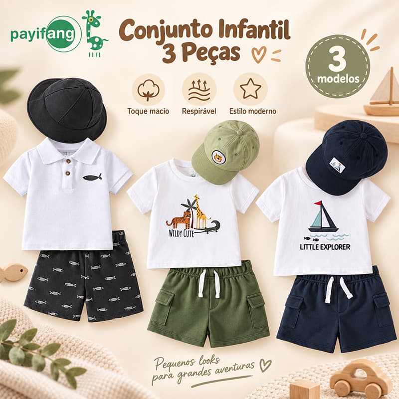 Conjunto Bebê Menino Verão Roupa Infantil Menino 3 Peças Camiseta e Short com Chapéu 12M 18M 24M