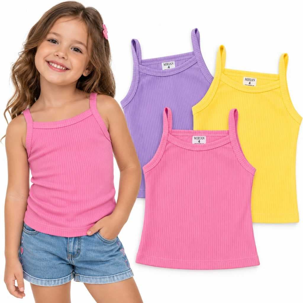 Kit 3 Blusas Infantil Menina Regata Alcinha Canelada Verão