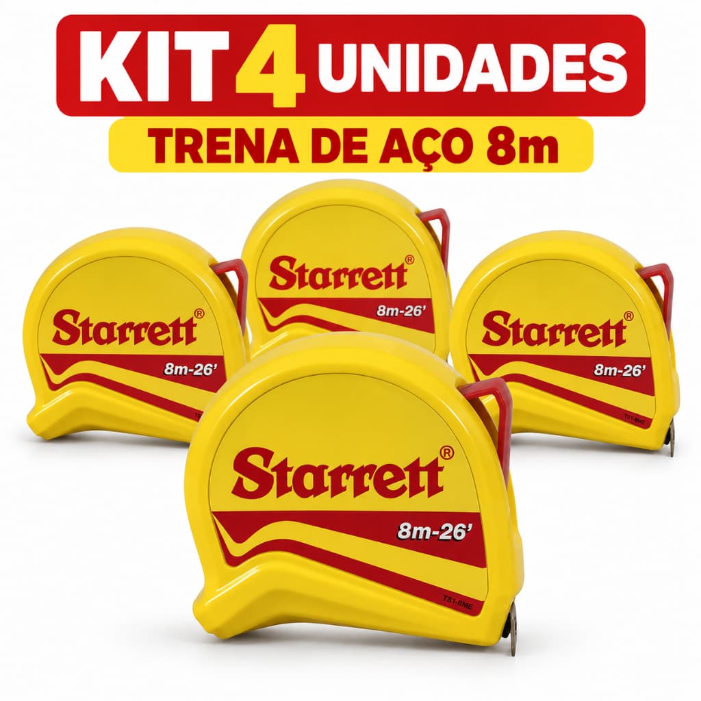 Kit 4 Trenas Starrett 8m x 26' Fita de Aço Profissional para Obra e Construção