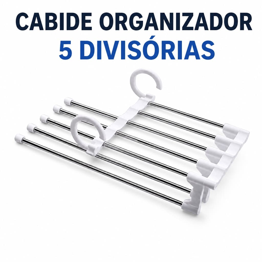 Cabide Organizador Multifuncional Inox 5 Divisórias para Calças e Saias: Dobrável, Otimizador de Espaço Duplo Posição