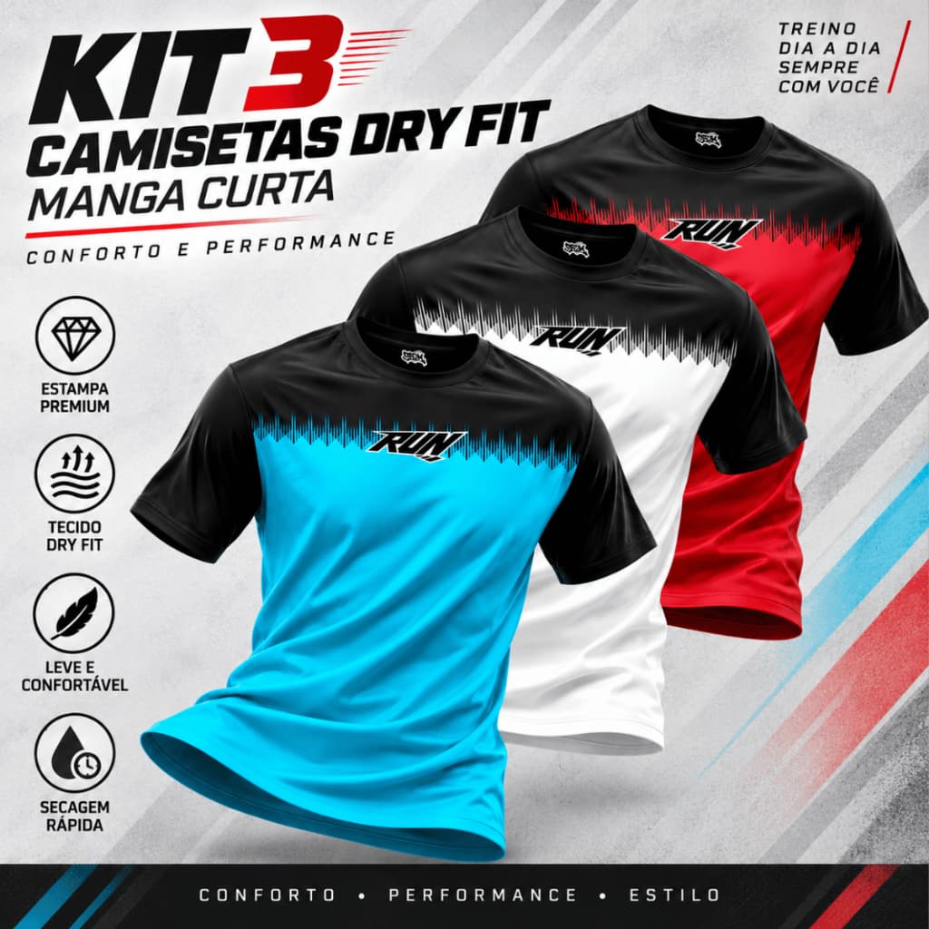 Kit 3 Camisetas Dry Fit Masculina Musculação Academia Treino Futebol Corrida Promoção