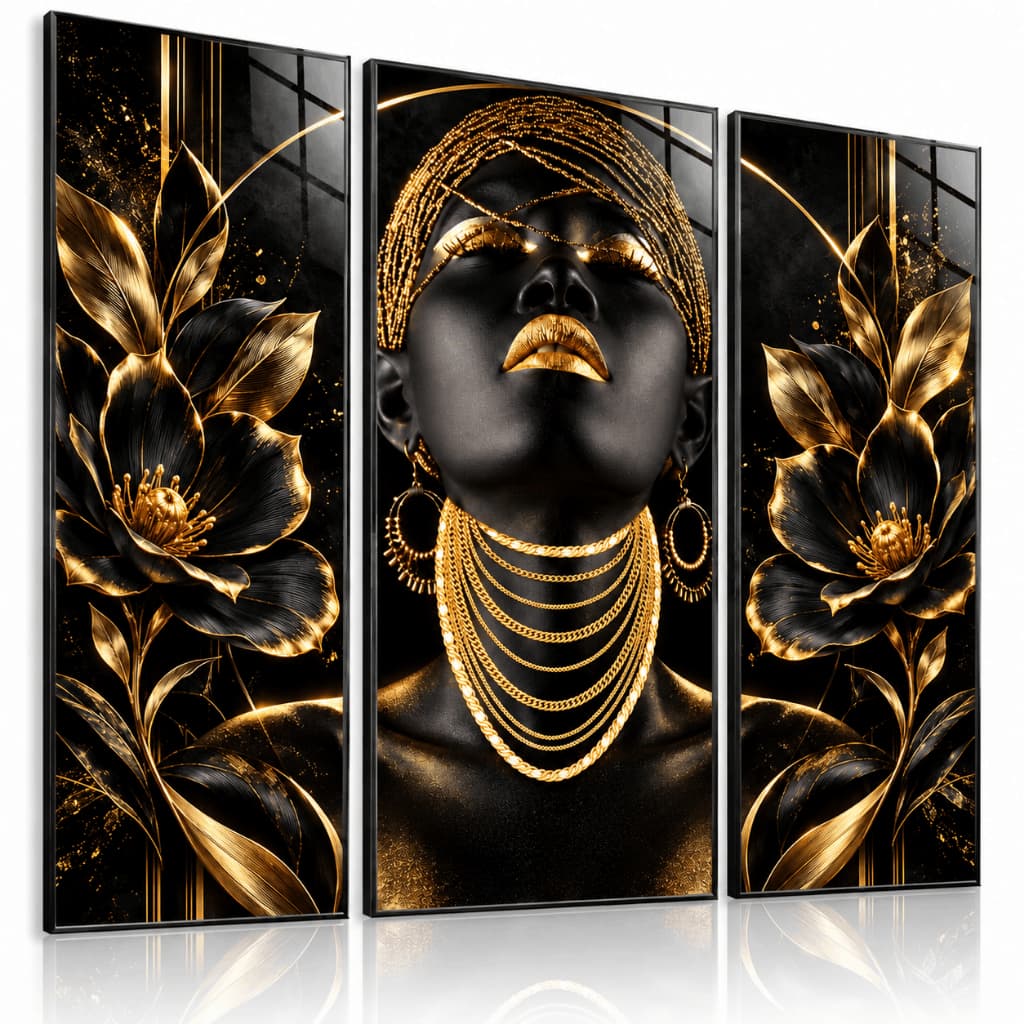 Kit 3 Quadros Decorativos Mulher Negra Dourado Flores MDF Queimado Sala Luxo
