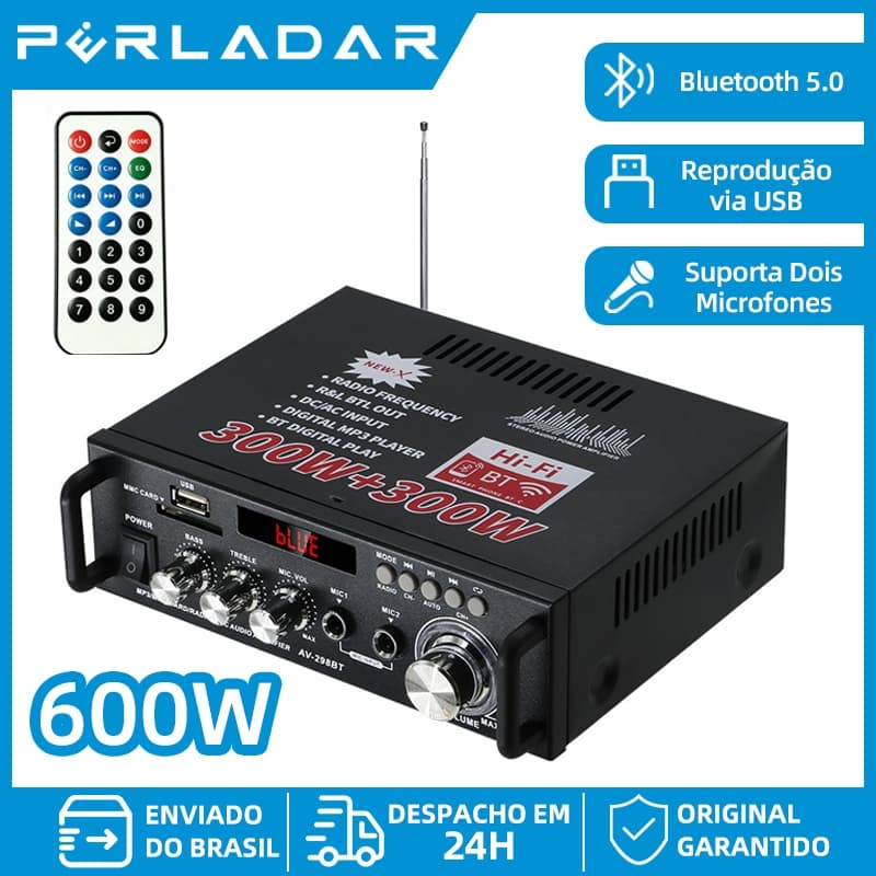 Amplificador de Áudio HIFI 600W Bluetooth Suporta Microfone/USB/Cartão SD, Rádio FM com Controle Remoto Bivolt 12V/220V