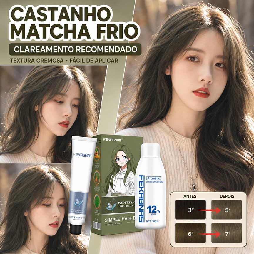 FEKAGNAS Coloração Capilar Castanho Frio Matcha, cor moderna e duradoura, ajuda a cobrir os fios brancos, creme colorant