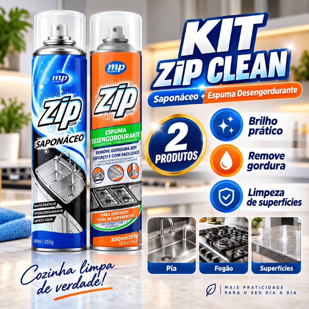 Kit Saponáceo 300ml Desengordurante Espuma 300ml Zip Limpeza Pesada Remove Gordura e da Brilho