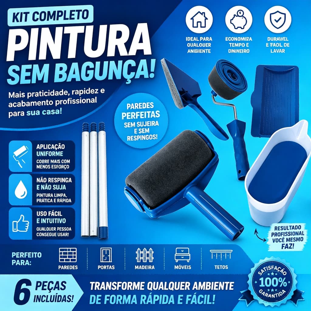 Kit Rolo de Pintura com Reservatório 6 Peças Antirespingos, Fácil de Usar para Paredes, Teto e DIY Casa