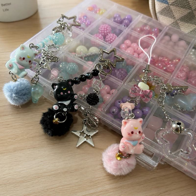 Chaveiro Feminino Acessorio Edição Especial Gatinho com Pompom | Phone Strap Gatinho Fofo rosa/preto/azul