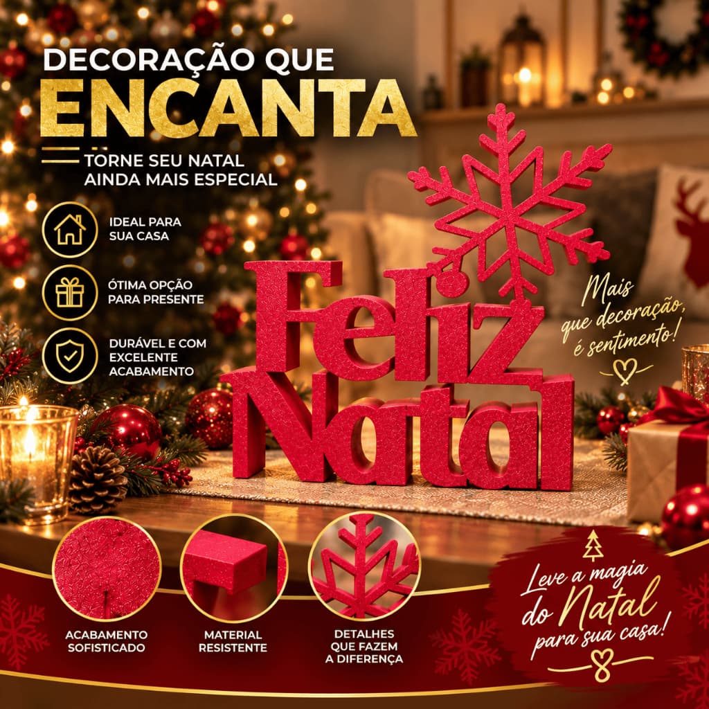 Enfeite de Natal Feliz Natal com Floco de Neve Decoração Natalina para Mesa Aparador Sala Casa Centro de Mesa Decoração