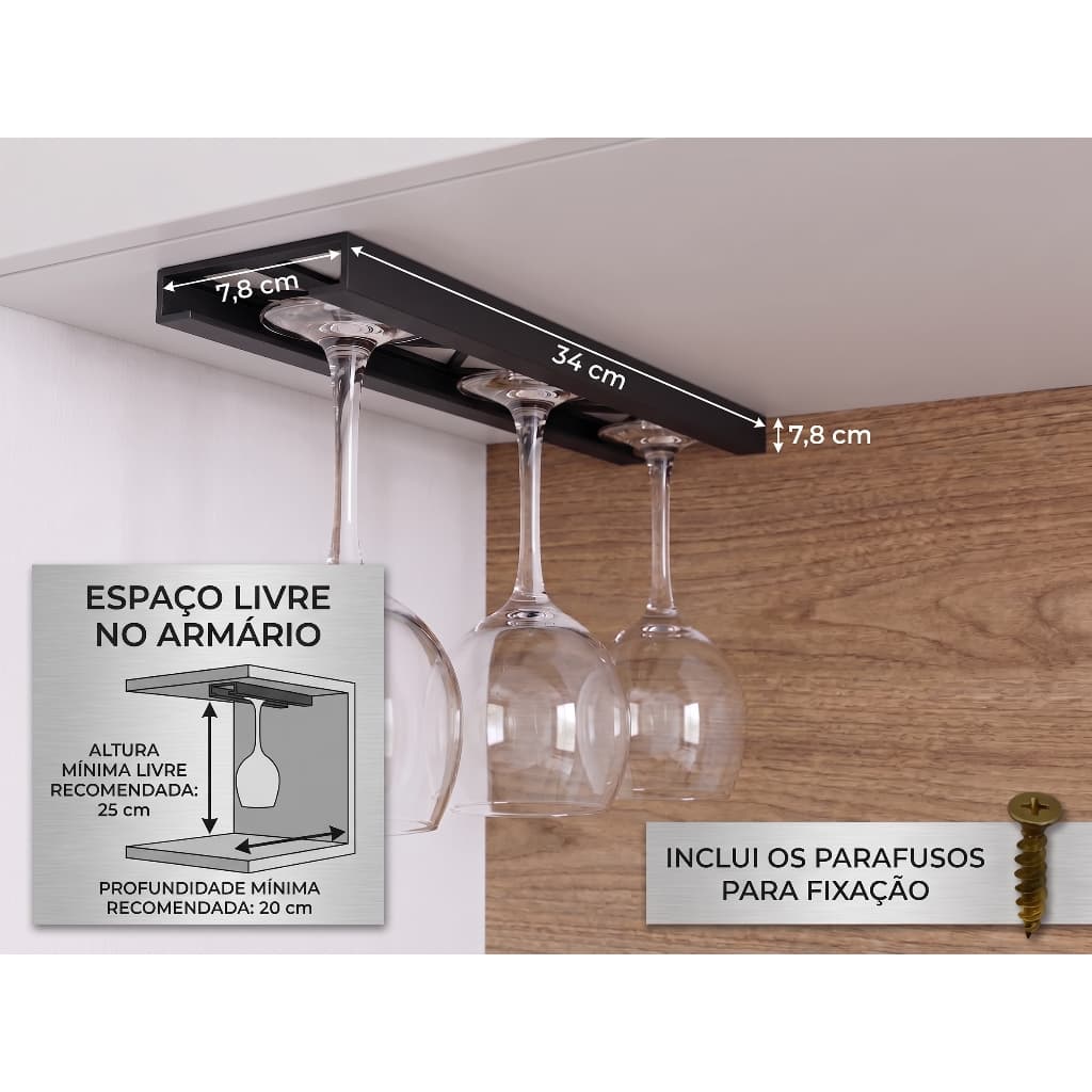 Suporte Porta Taças de Vinho Suspenso Armário Organizador Cozinha Adega (+ Parafusos Fixação)