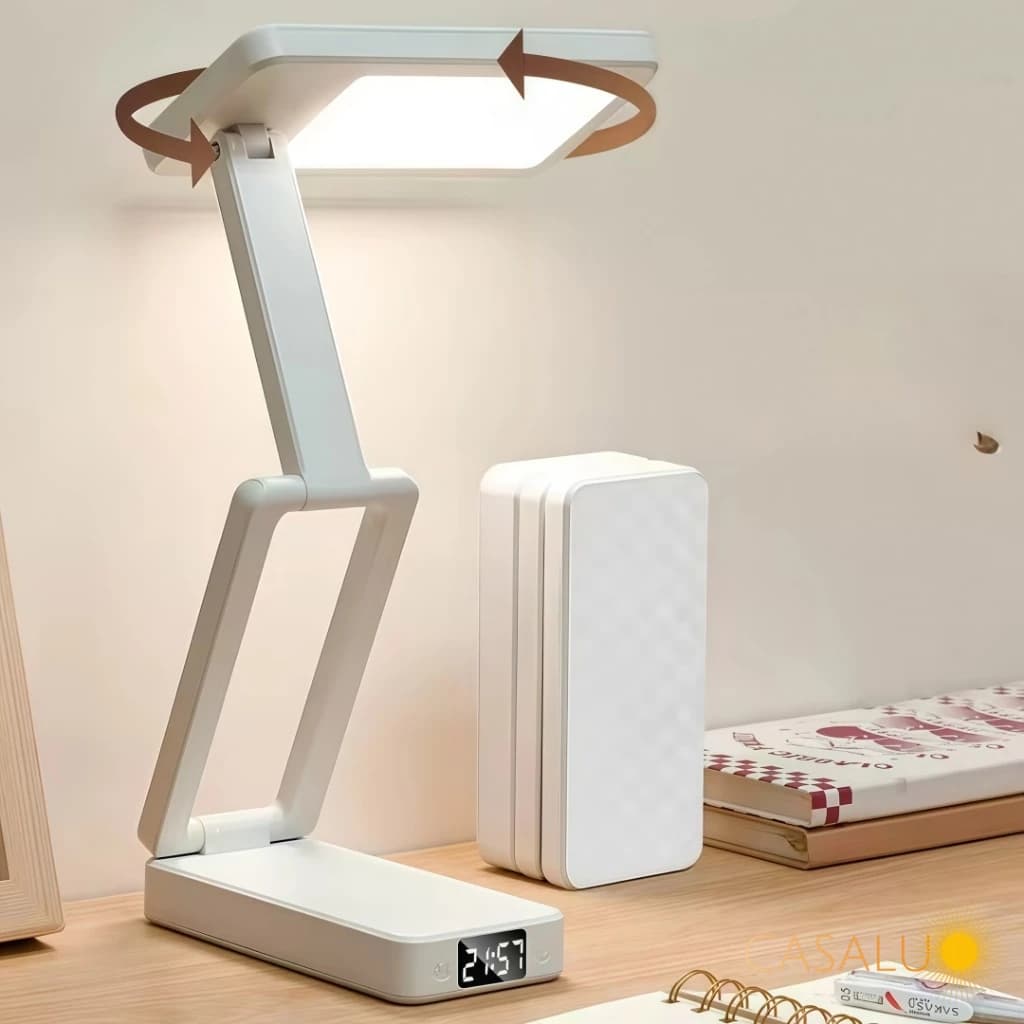Luminaria Recarregavel Articulada 26 Led Escritorio e Estudos Abajur De Mesa Relogio Branco Leitura