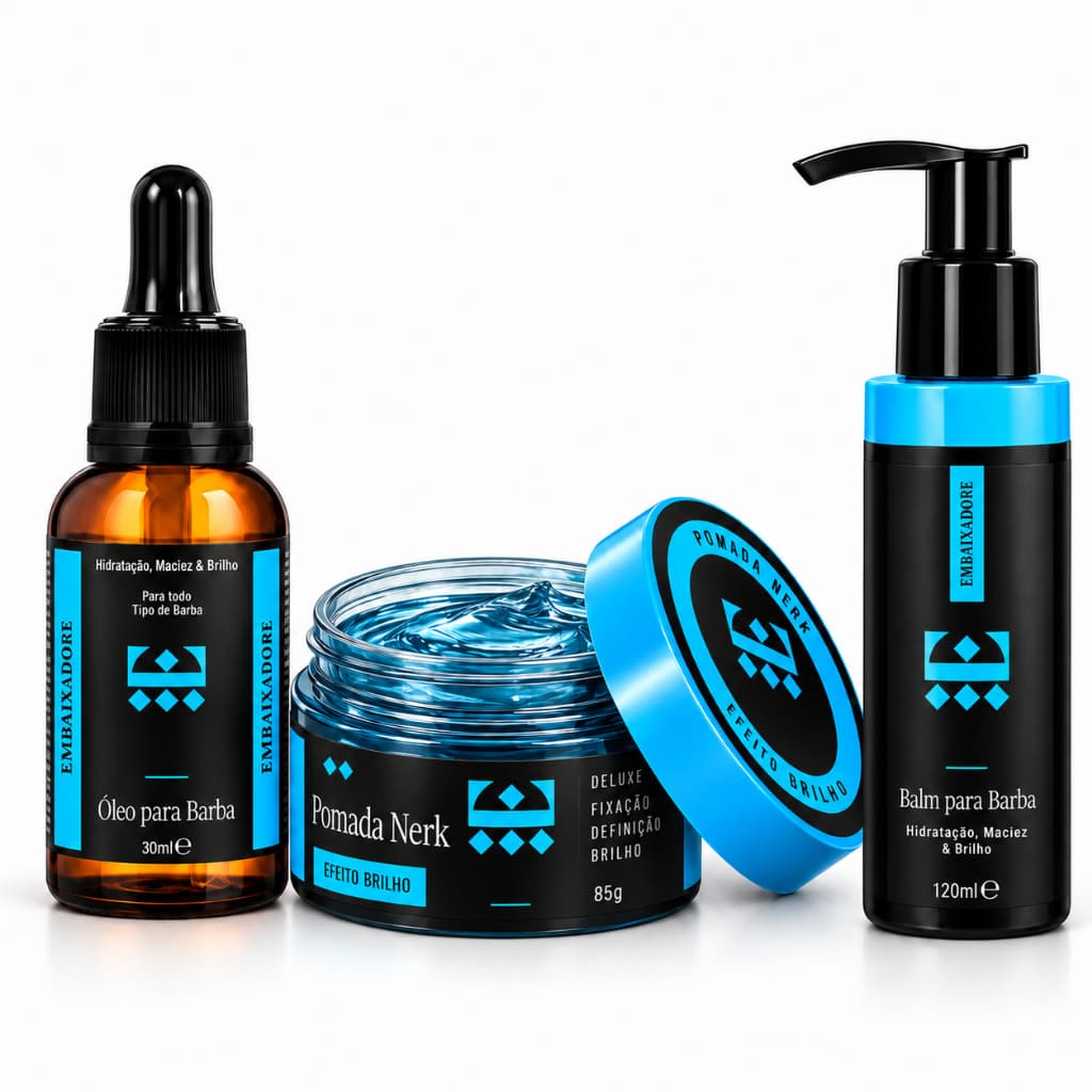 Pomada Modeladora + Óleo para Barba + Balm Kit Masculino 3 Itens para Barba e Cabelo