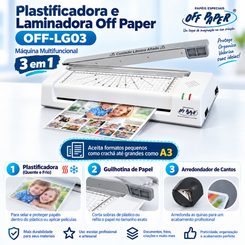 Plastificadora e Laminadora Off Paper OFF-LG03 Guilhotina Arredondador de Cantos Multifuncional 3 em 1 Quente Frio A3 A4