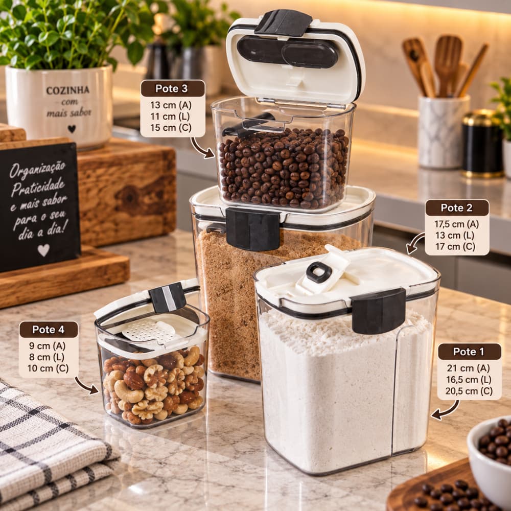 Kit 4 Potes Herméticos Organizadores Dispenser para Grãos Açúcar Mantimentos Tampa Branca