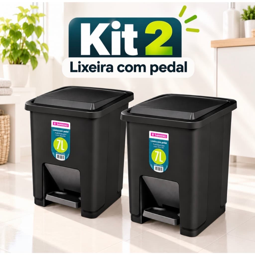 Kit 2 Lixeira com Pedal e Tampa 7 Litros de Plástico Resistente para Banheiro Sanremo