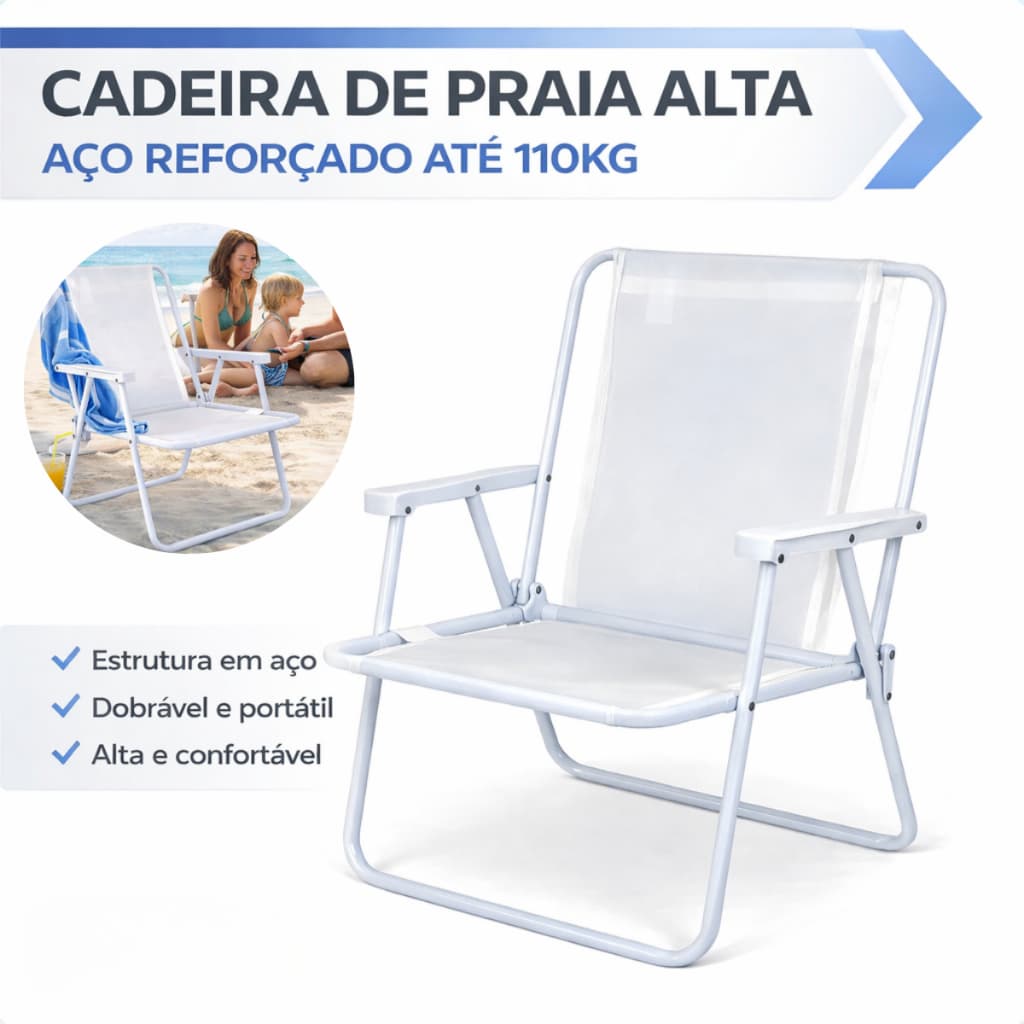 Cadeira De Praia em Aço Branco Dobrável MOR Unitário Jardim, Varanda, Piscina, Verão, Férias, Viagem